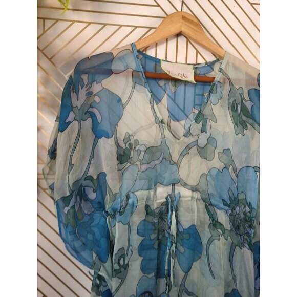 Anthropologie VACATION Edition Staci Woo Top Women's Blue Silk Frilly Tie OS - Picture 2 of 6